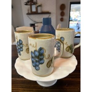 Vintage John B Taylor Pottery Set of 3 Ceramic Mugs Blue Grapevine Design Rustic